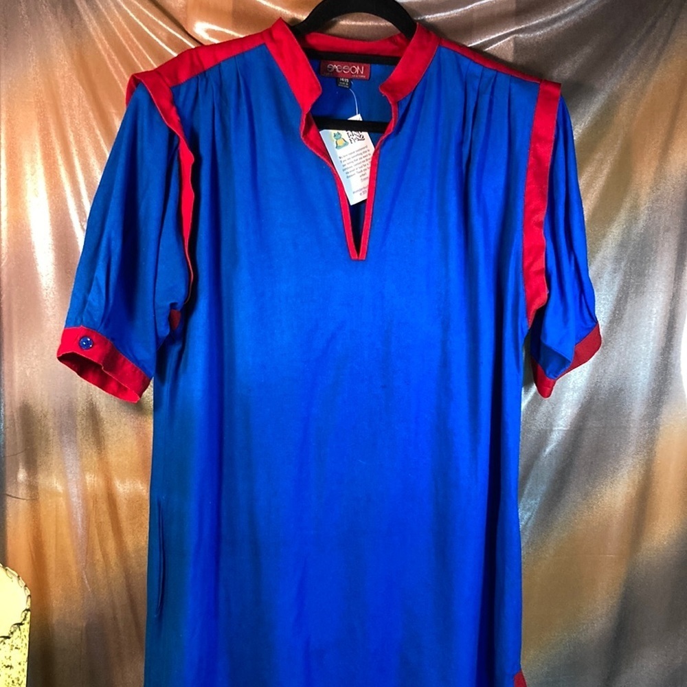 Vintage 1980’s blue raw silk sheath dress red piping 46” chest 44” waist 208
